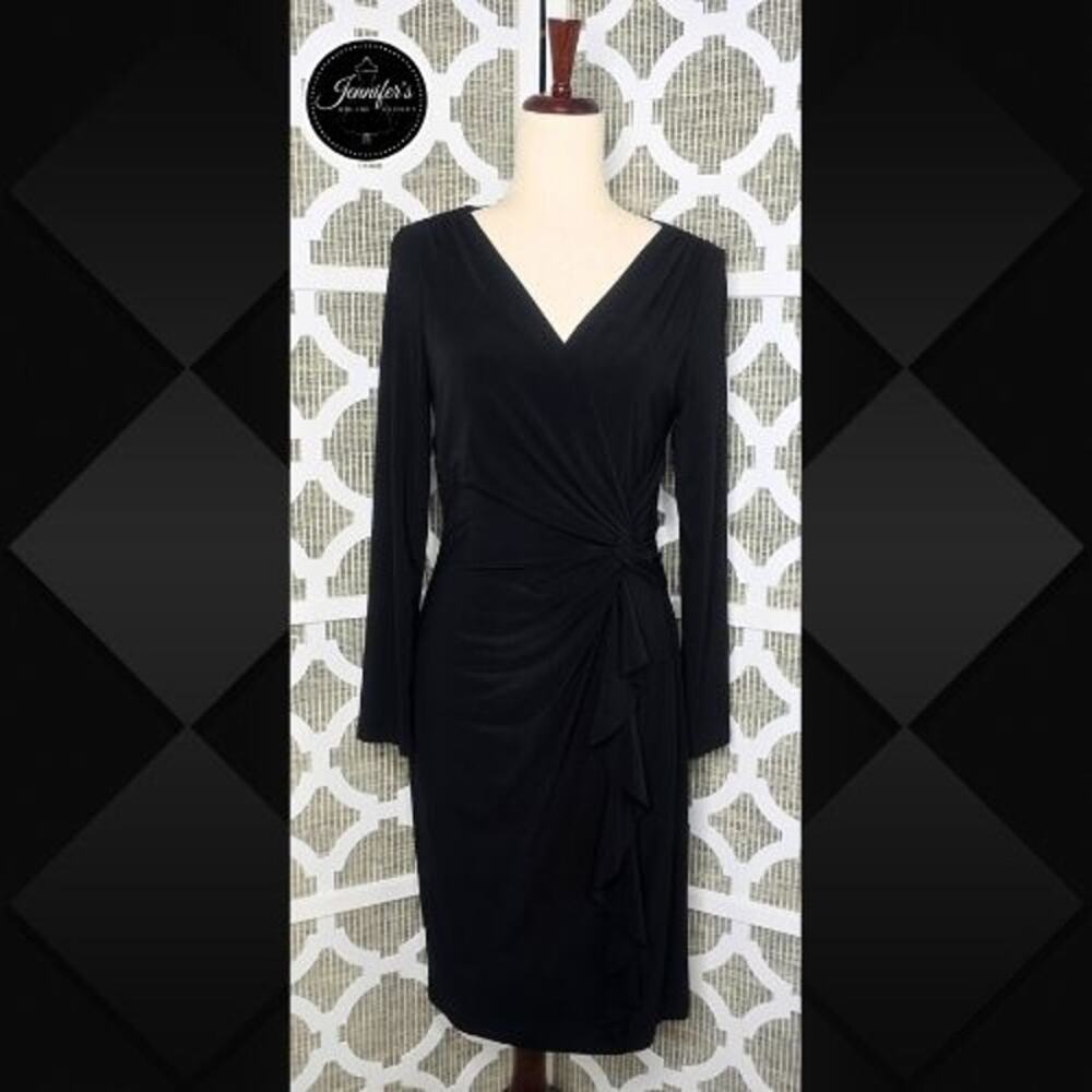 Lauren Ralph Lauren Black Jersey Knit Surplice Waist Ruched Twist Dress Size 8
